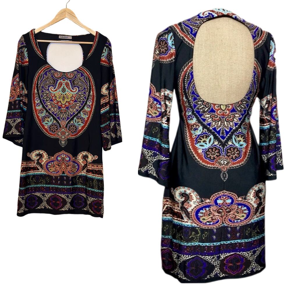 Bailey Blue Size Large Black Boho Paisley Open Back Long Sleeve Summer Dress